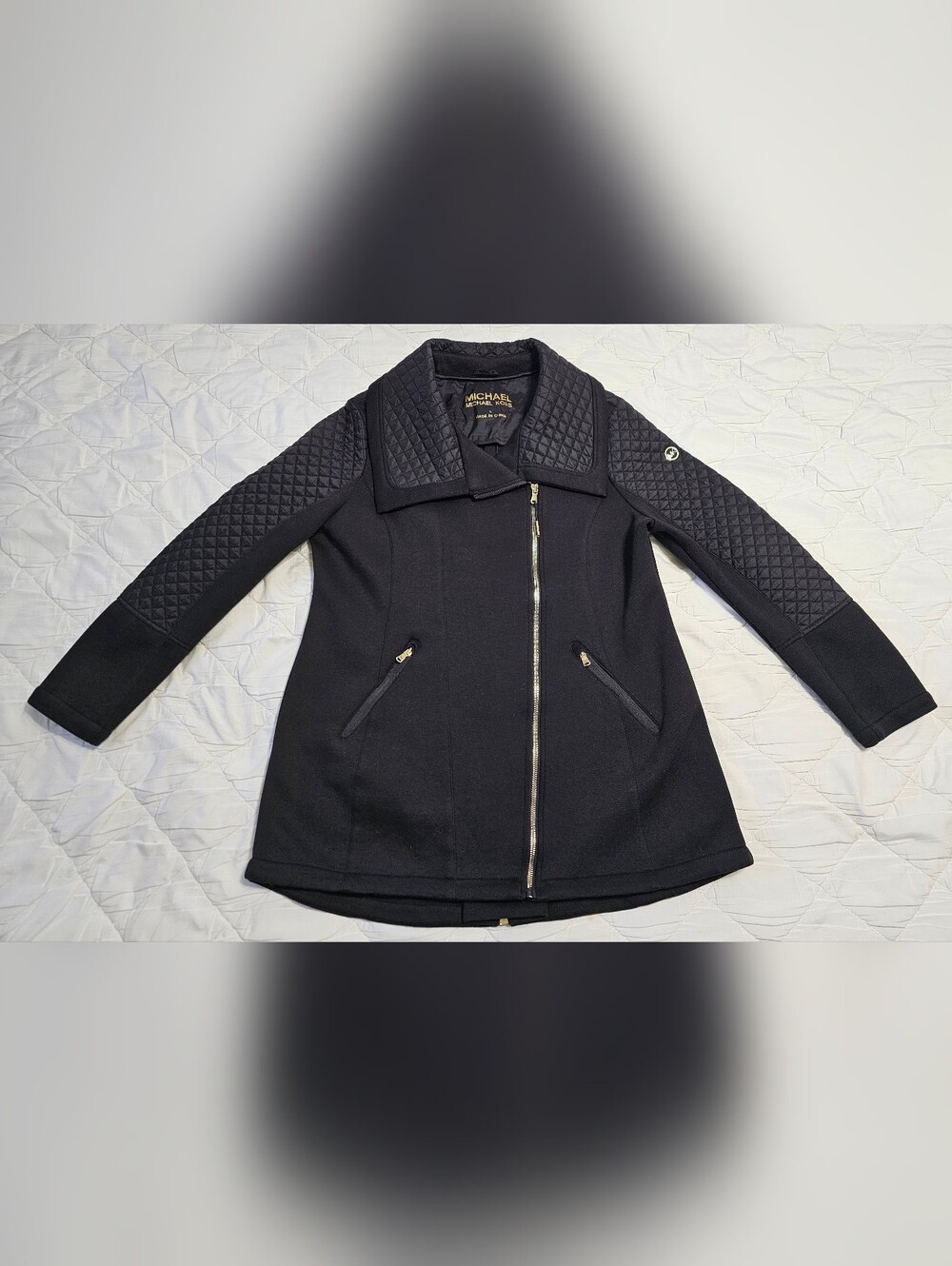 Michael Kors Jacket Women L Black Quilted Sleeve Asymmetrical Back Zip Moto Coat